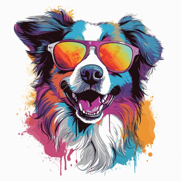 快乐的狗 可爱和滑稽的狗在太阳镜中的矢量流行艺术风格 贴纸等的模板 孤立的例证 — 图库矢量图片