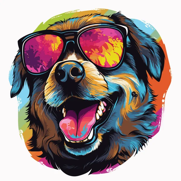 Cão Feliz Cão Bonito Engraçado Óculos Sol Estilo Arte Pop — Vetor de Stock