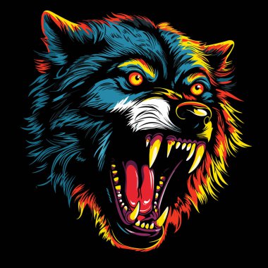 Vahşi bir hayvanın sırıtışı. Kötü ve korkunç kurdun izole edilmiş yakın plan portresi. Açık çeneli, vektör sanat tarzında. Kurt adamın efsanevi yaratığı. Tişört, etiket vs. için şablon.
