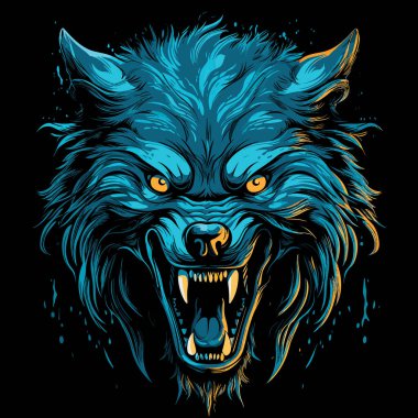 The grin of a wild beast. Isolated closeup portrait of evil and scary wolf with open jaws in vector art style. Mythical creature of werewolf. Template for t-shirt, sticker, etc. clipart
