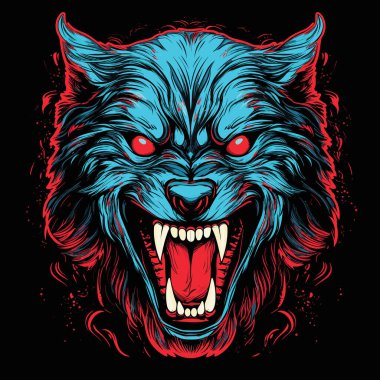 Vahşi bir hayvanın sırıtışı. Kötü ve korkunç kurdun izole edilmiş yakın plan portresi. Açık çeneli, vektör sanat tarzında. Kurt adamın efsanevi yaratığı. Tişört, etiket vs. için şablon.
