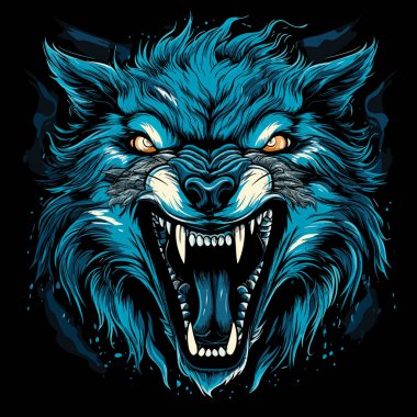 Vahşi bir hayvanın sırıtışı. Kötü ve korkunç kurdun izole edilmiş yakın plan portresi. Açık çeneli, vektör sanat tarzında. Kurt adamın efsanevi yaratığı. Tişört, etiket vs. için şablon.
