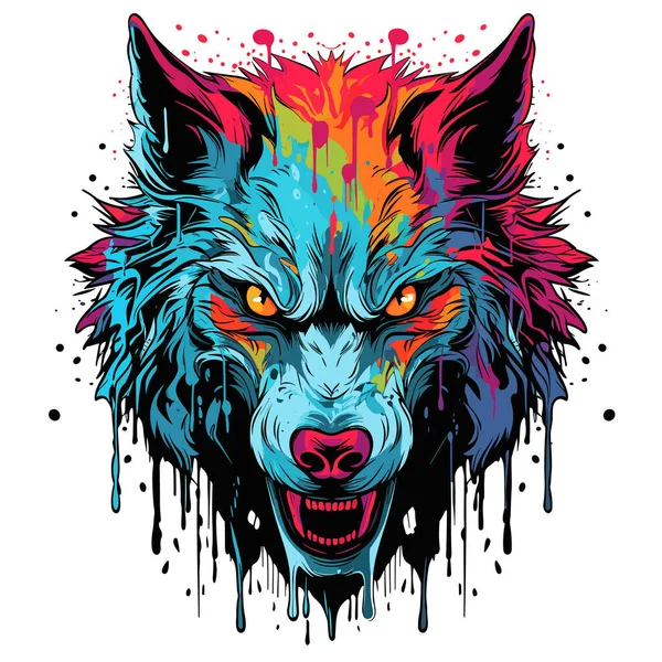 짐승의 스타일의 악하고 무서운 늑대의 클로즈업 초상화 늑대의 신화적인 티셔츠 — 스톡 벡터