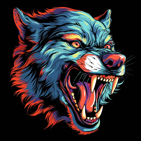 野生の獣のグラインダー ベクターアートスタイルの開いた顎で邪悪で怖いオオカミのクローズアップポートレート 狼の神話的な生き物 Tシャツ ステッカーなどのテンプレート — ストックベクタ