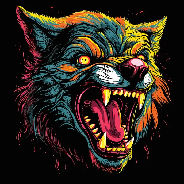 짐승의 스타일의 악하고 무서운 늑대의 클로즈업 초상화 늑대의 신화적인 티셔츠 — 스톡 벡터