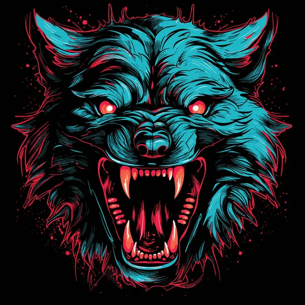 Grin Wild Beast Isolated Closeup Portrait Evil Scary Wolf Open — Stock Vector