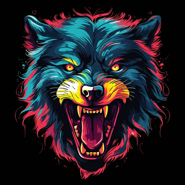 野生の獣のグラインダー ベクターアートスタイルの開いた顎で邪悪で怖いオオカミのクローズアップポートレート 狼の神話的な生き物 Tシャツ ステッカーなどのテンプレート — ストックベクタ