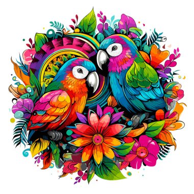 Tropik kuş çizimi. Göz alıcı pop sanat tarzında beyaz arka planda izole edilmiş parlak çiçekler arasında papağanların dekoratif renkli görüntüsü. Tişört, etiket vs. için şablon.