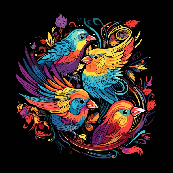 Ilustracja Ptaków Tropikalnych Dekoracyjny Kolorowy Obraz Papug Wśród Jasnych Kwiatów — Wektor stockowy