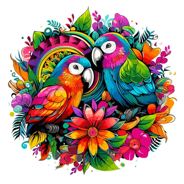 Εικόνα Τροπικών Πουλιών Διακοσμητική Πολύχρωμη Εικόνα Παπαγάλων Ανάμεσα Φωτεινά Λουλούδια — Διανυσματικό Αρχείο
