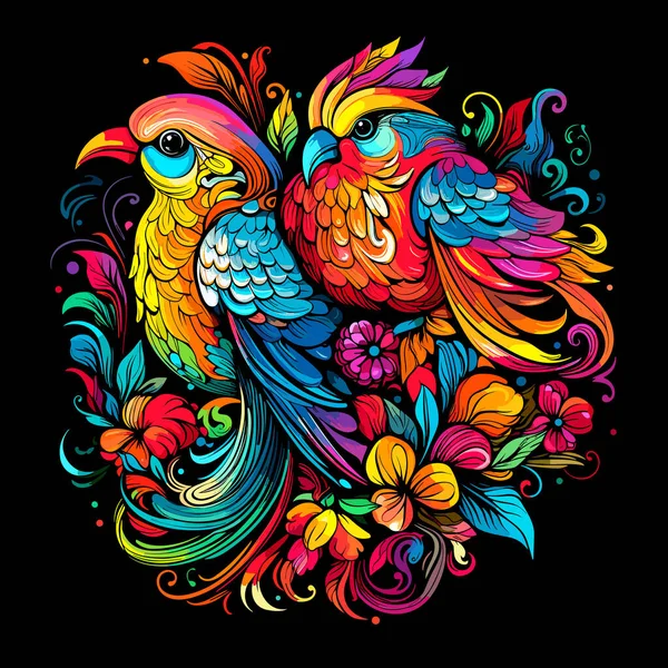 Иллюстрация Тропических Птиц Декоративное Красочное Изображение Попугаев Среди Ярких Цветов — стоковый вектор