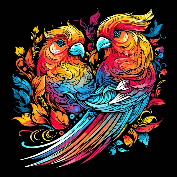 Ilustração Aves Tropicais Imagem Colorida Decorativa Papagaios Entre Flores Brilhantes —  Vetores de Stock