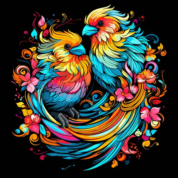 그림입니다 눈길을 스타일의 배경에 앵무새의 화려한 이미지 티셔츠 스티커 템플릿 — 스톡 벡터