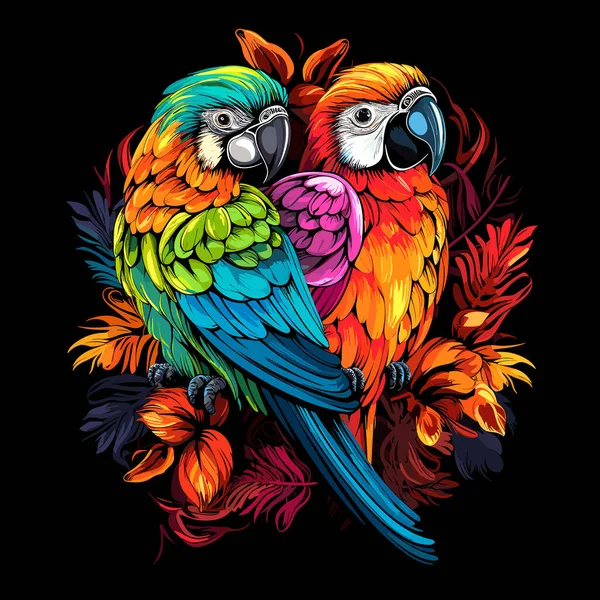 Ilustración Aves Tropicales Imagen Colorida Decorativa Loros Entre Flores Brillantes — Vector de stock