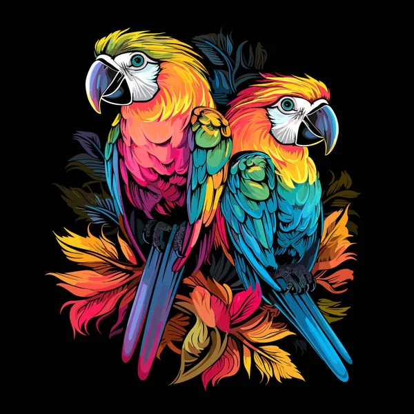 热带鸟类的例子 色彩艳丽的鹦鹉在明亮的花朵中的形象 以引人注目的流行艺术风格隔离在黑色背景中 T恤衫 贴纸等的模板 — 图库矢量图片