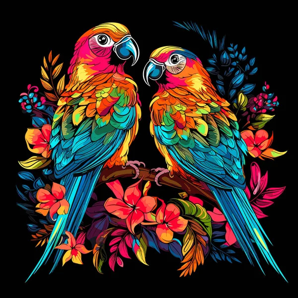 Tropische Vogels Illustratie Decoratieve Kleurrijke Afbeelding Van Papegaaien Tussen Heldere — Stockvector
