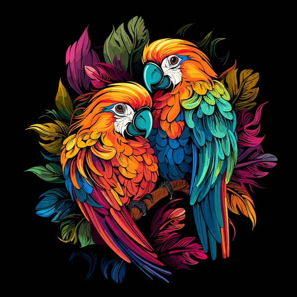 热带鸟类的例子 色彩艳丽的鹦鹉在明亮的花朵中的形象 以引人注目的流行艺术风格隔离在黑色背景中 T恤衫 贴纸等的模板 — 图库矢量图片