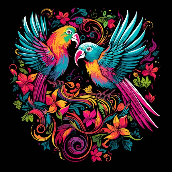 Ilustração Aves Tropicais Imagem Colorida Decorativa Papagaios Entre Flores Brilhantes —  Vetores de Stock