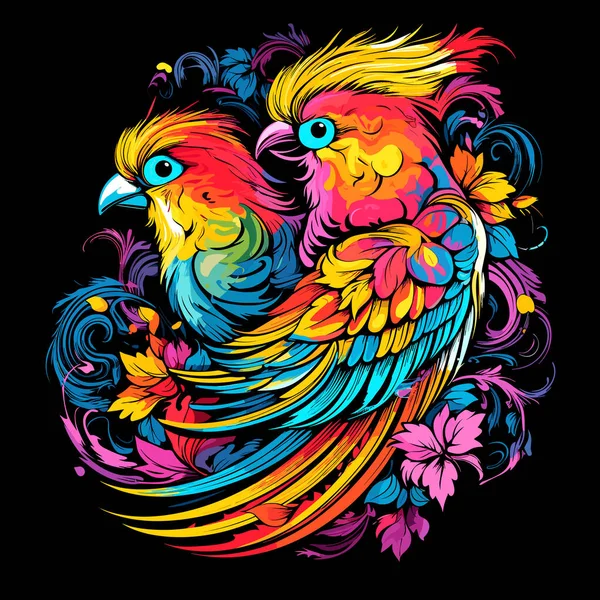 Tropik Kuş Çizimi Göz Alıcı Pop Sanatı Tarzında Siyah Arka — Stok Vektör