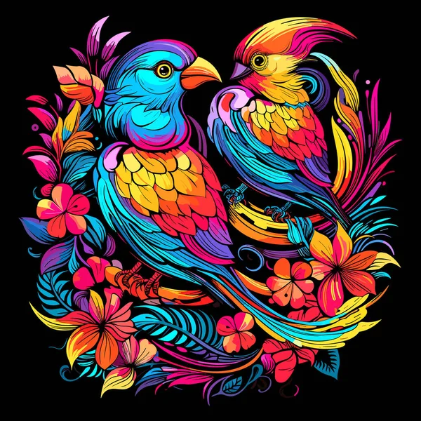 熱帯鳥のイラスト ポップアートスタイルで黒い背景に隔離された明るい花の間のオウムの装飾的なカラフルなイメージ Tシャツ ステッカーなどのテンプレート — ストックベクタ
