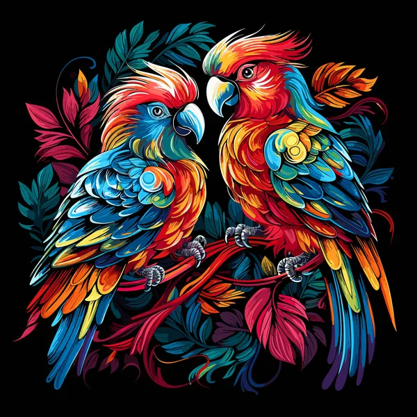 热带鸟类的例子 色彩艳丽的鹦鹉在明亮的花朵中的形象 以引人注目的流行艺术风格隔离在黑色背景中 T恤衫 贴纸等的模板 — 图库矢量图片#