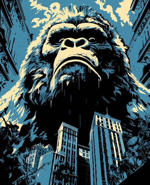 Portrait Angry Terrified Giant Gorilla Streets Metropolis Vector Pop Art — Stock Vector