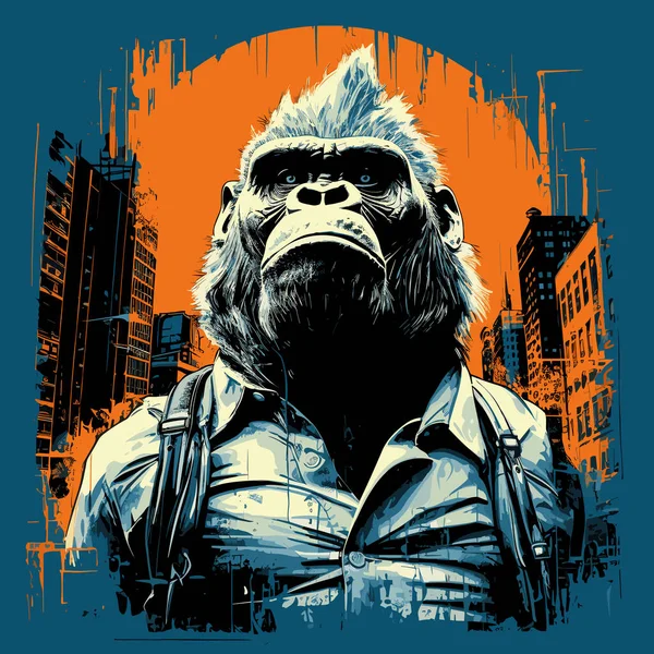 Retrato Gorila Gigante Irritado Aterrorizado Nas Ruas Uma Metrópole Estilo —  Vetores de Stock