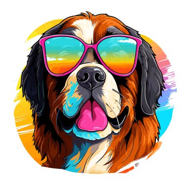 Güneş gözlüklü Aziz Bernard köpeğinin tasviri beyaz arka planda vektör sanat tarzında izole edilmiş. Tişört, etiket vs. için şablon.