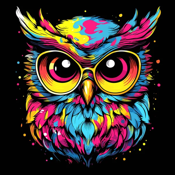 Wise Cute Owl Glasses Isolated Black Background Vector Pop Art — Stock Vector