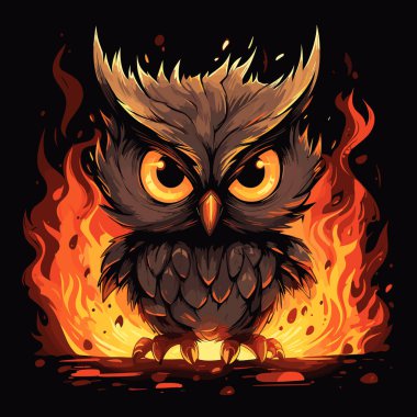 Siyah arka planda izole edilmiş anka kuşu gibi alevlere karşı sevimli ve komik genç baykuş. Tişört, etiket vs. için şablon. Tasarım ögesi.