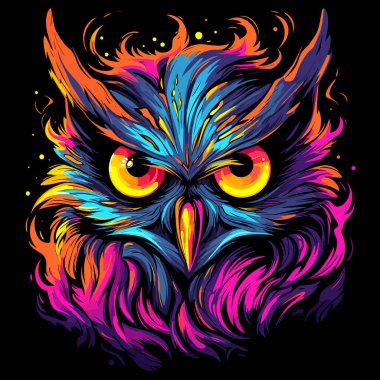 Cute and funny young owl against fire flames like phoenix bird isolated on black background in vector pop art style. Template for t-shirt, sticker, etc. Design element. clipart