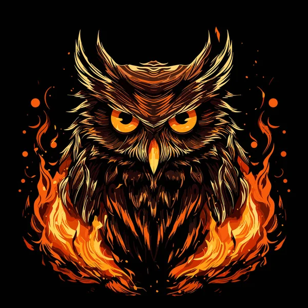 Cute Funny Young Owl Fire Flames Phoenix Bird Isolated Black — Stock Vector