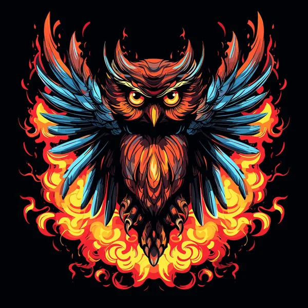 Cute Funny Young Owl Fire Flames Phoenix Bird Isolated Black — Stock Vector
