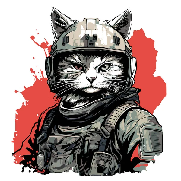 Askeri Başlıklı Askeri Üniformalı Bir Kedi Vektör Populer Sanat Tarzında — Stok Vektör