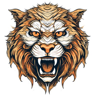 Aslan hayvanların kralıdır. Kötü ve görkemli bir aslanın portresi vektör sanat tarzında. Dövme, poster, tişört, etiket vesaire için şablon.