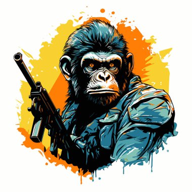 Servet maymunu. Askeri üniformalı şempanze vektör populer sanat tarzında. Poster, tişört, etiket vs. için şablon.