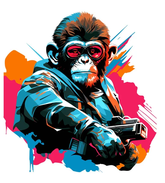 Monkey Soldier Fortune Chimpanzee Military Uniform Vector Pop Art Style — Stock Vector
