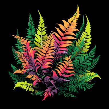 Çiçek patlamasının soyut çiçek desenli çizimi. Eğreltiotu yaprakları ve çiçekler vektör populer sanat tarzında koyu arkaplanda. Poster, tişört, etiket vs. için şablon.