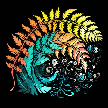 Çiçek patlamasının soyut çiçek desenli çizimi. Eğreltiotu yaprakları ve çiçekler vektör populer sanat tarzında koyu arkaplanda. Poster, tişört, etiket vs. için şablon.