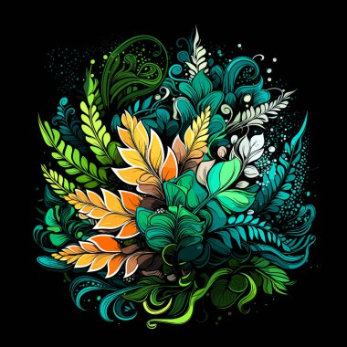 Çiçek patlamasının soyut çiçek desenli çizimi. Eğreltiotu yaprakları ve çiçekler vektör populer sanat tarzında koyu arkaplanda. Poster, tişört, etiket vs. için şablon.