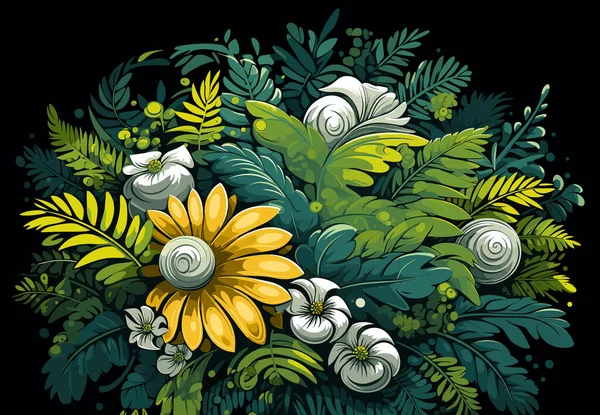 Абстрактна Квіткова Ілюстрація Квіткового Вибуху Листя Папороті Квіти Темному Тлі — стоковий вектор