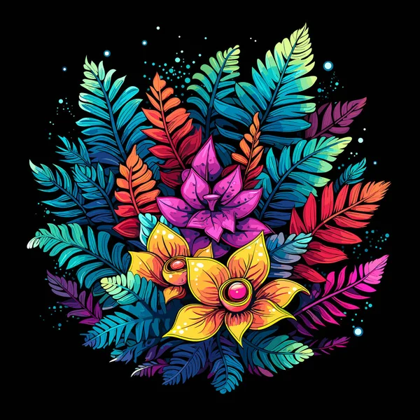 Illustration Florale Abstraite Explosion Florale Feuilles Fleurs Fougère Sur Fond — Image vectorielle