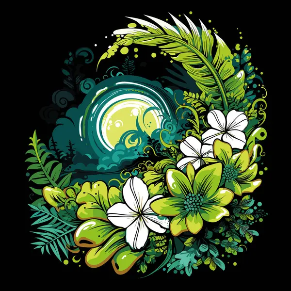 Абстрактна Квіткова Ілюстрація Квіткового Вибуху Листя Папороті Квіти Темному Тлі — стоковий вектор