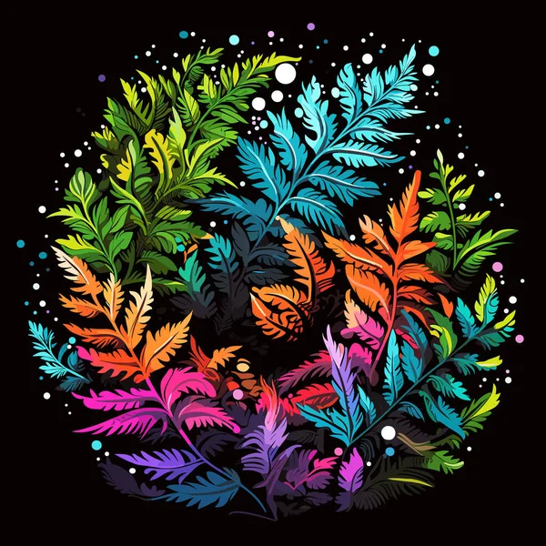 Абстрактный Цветочный Узор Иллюстрирует Цветочный Взрыв Листья Папоротника Цветы Темном — стоковый вектор
