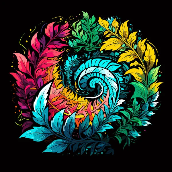 花卉爆裂花型图解 费恩叶和花在黑暗的背景上 在矢量流行艺术风格 T恤衫 贴纸等模板 — 图库矢量图片