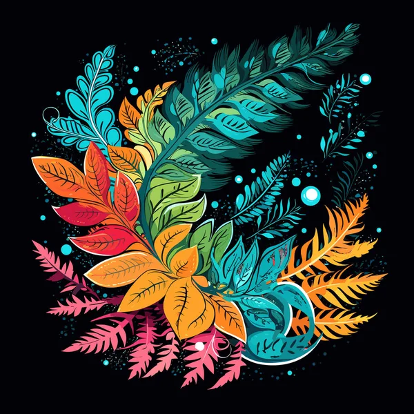 花卉爆裂花型图解 费恩叶和花在黑暗的背景上 在矢量流行艺术风格 T恤衫 贴纸等模板 — 图库矢量图片
