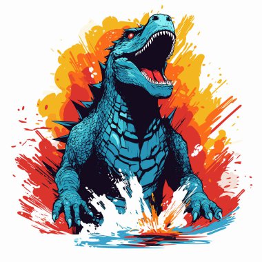 Dev, gizemli tarih öncesi canavar vektör pop sanat tarzında deniz dalgalarından ortaya çıktı. Poster, tişört, çıkartma için şablon