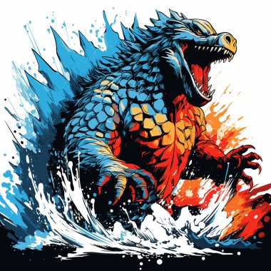 Huge, scary mystical prehistoric monster emerged from the sea waves in vector pop art style. Template for poster, t-shirt, sticker clipart