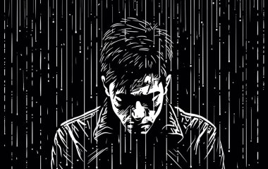 Youth and mental health. Abstract portrait of a young man suffering from depression and loneliness in vector line art style. Template for poster, t-shirt, sticker...  clipart