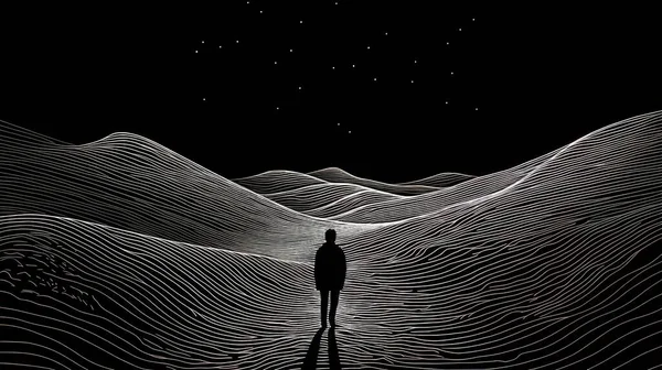 Yalnızlık Karanlık Bir Arkaplanda Çizgiler Çizilmiş Stilize Edilmiş Bir Manzaranın — Stok fotoğraf